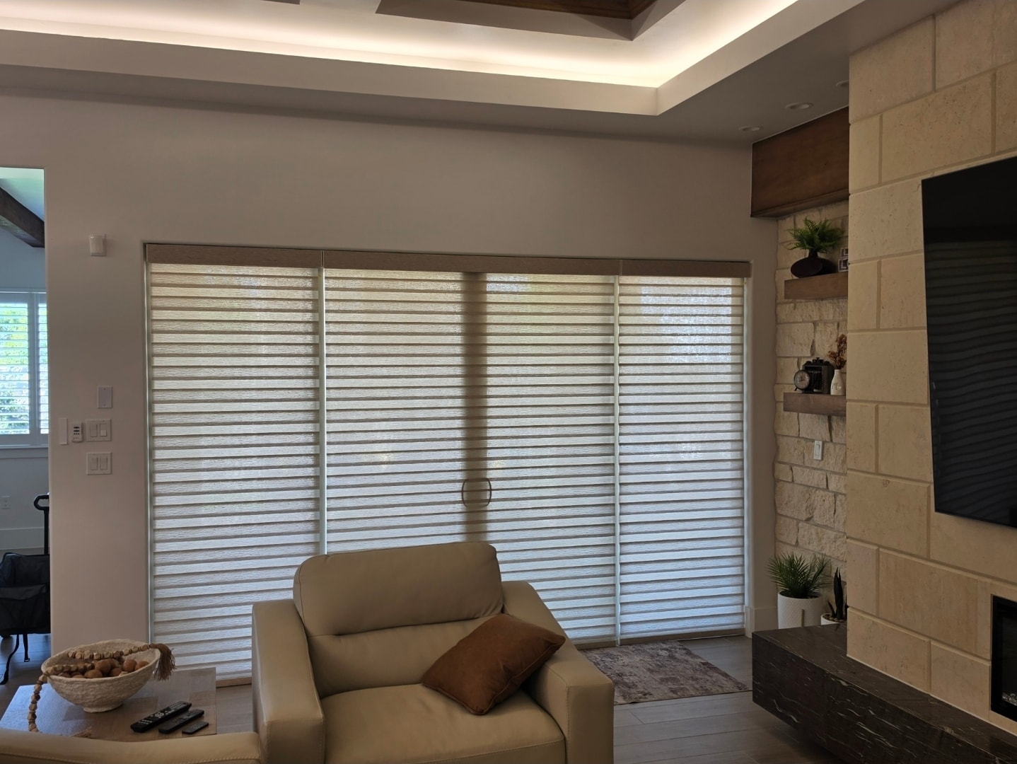 Neutral zebra shades on large sliding glass doors
