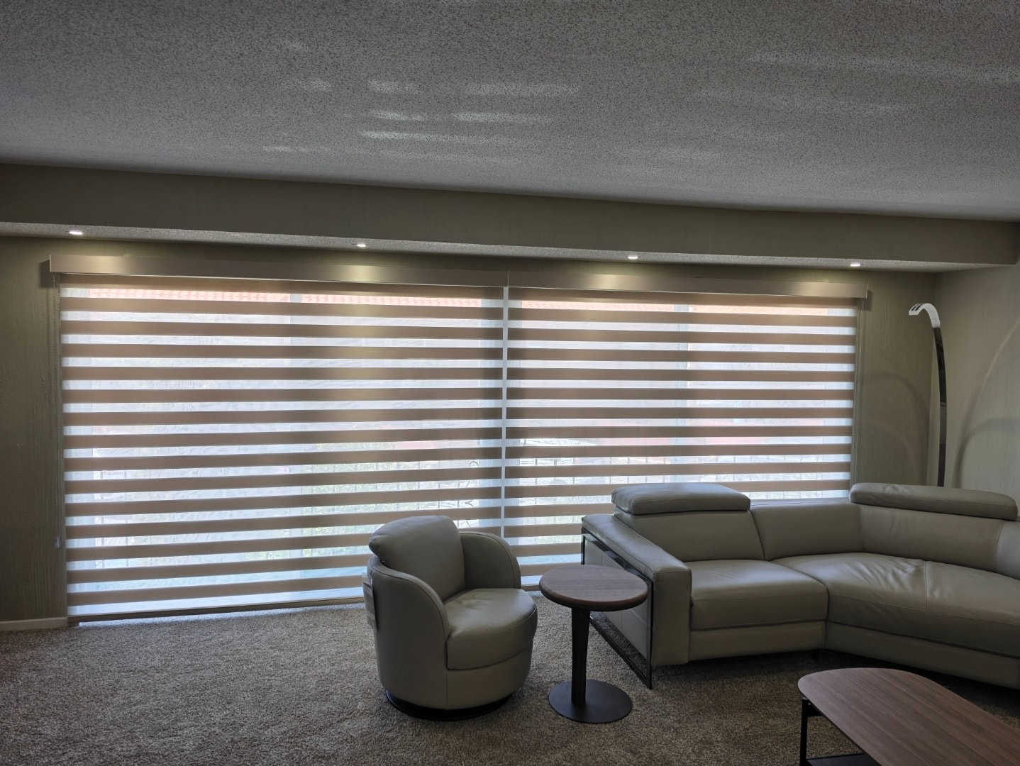 Tan zebra shades spanning a wide living room window wall